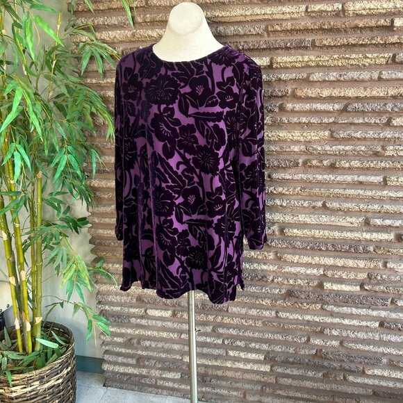 Silk Lore Beth Terrell Purple Velvet Burnout Floral Tunic Top Size 1X - Picture 6 of 7